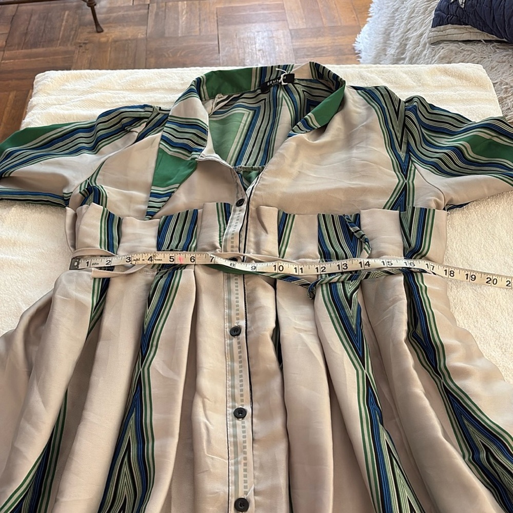 NWOT Beulah luxury brand Striped Green & Blue midi Dress w/ buttons & tie waist - Picture 11 of 13